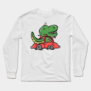 Driving a Red Car Tyrannosaurus Dinosaur Dino Cartoon Cute Character Long Sleeve T-Shirt